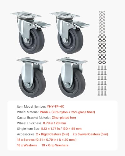 VEVOR Caster Wheels, 5 Inch Heavy Duty Casters, Compatible with VEVOR Insulated Food Pan Carrier, Set of 4 (2 Swivel with Brake, 2 Rigid) - size: 5 Inch