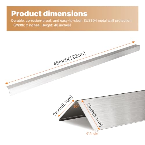 2x2x48 Inch 304 Stainless Steel Wall Corner Guards (10-Pack), Heavy Duty 90° Rounded Corner Protector, Smooth Folded Edge Metal Wall Edge Guard, Wall Corner Trim for Home & Commercial Wall Protection