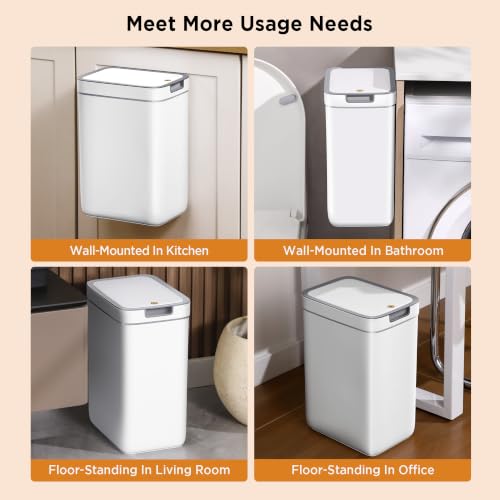 funest 2 Pack Slim Wall Mount Trash Can with Lid, No Drill Hanging Small Garbage Bin for Bathroom Kitchen, Dual Use Floor Standing Narrow Odor Block Press Top Waste Basket for RV Office Bedroom