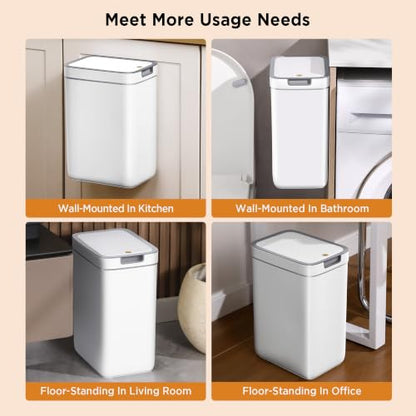 funest 2 Pack Slim Wall Mount Trash Can with Lid, No Drill Hanging Small Garbage Bin for Bathroom Kitchen, Dual Use Floor Standing Narrow Odor Block Press Top Waste Basket for RV Office Bedroom