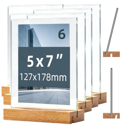 Acrylic Sign Holder with Wood Base, Dual Slot Design L/T Shape Tabletop Display Stand, Vertical Double-Sided & Slant Back Single-Sided Clear Acrylic Frame for Restaurant Menu, Retail Price Tag, Office Sign, Wedding Decoration (5x7 6Pack) - size: 5x7 6Pack