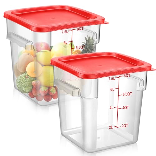 Suclain 2 Pcs Square Food Storage Container Polycarbonate Clear Food Container with Lid Commercial Rice Storage with Graduations for Commercial Kitchen(8 Qt,Red) - color: Red, size: 8 Qt