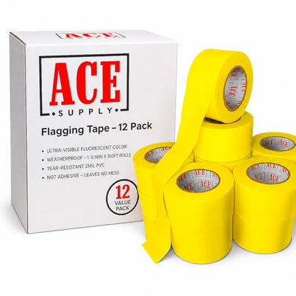 ACE Supply Yellow Flagging Tape 12 Pack - Non-Adhesive Survey Tape - 1-3/16 Inch Width, 150 Ft Length, 2 Mil - Tree Marking Ribbon, Surveyors Ribbon - color: Yellow, size: 12 Pack