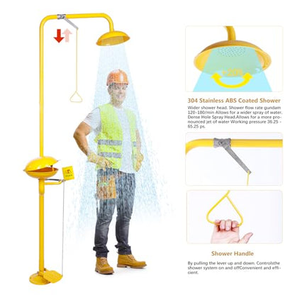 Pedal Operated Emergency Shower Eye Wash Station, 304 Stainless Steel and ABS Yellow Coating, Eyewash Basin with Dust Cover & Emergency Sign, NPT Thread, Yellow