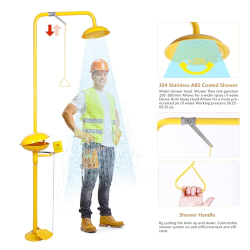Pedal Operated Emergency Shower Eye Wash Station, 304 Stainless Steel and ABS Yellow Coating, Eyewash Basin with Dust Cover & Emergency Sign, NPT Thread, Yellow