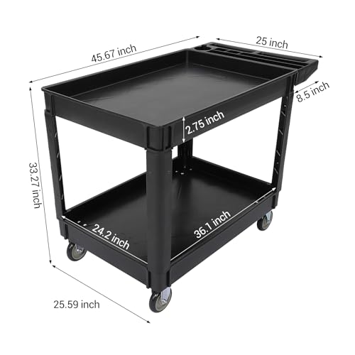 Utility Service Cart with Wheels and Two Trays, Service Cart 2-Shelf 500lbs, Rolling Utility Cart for Warehouse/Garage/Cleaning/Manufacturing, 2 Tier Heavy Duty Uline Tool Cart, 45"X25", Black - color: Black