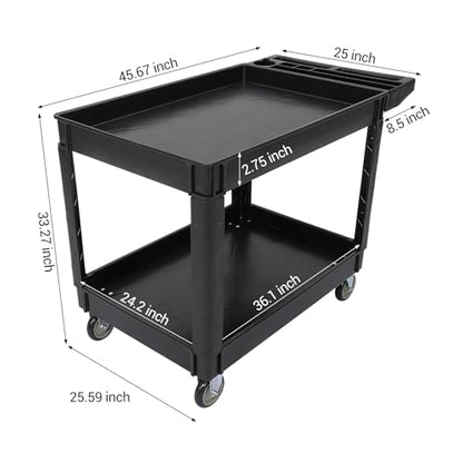 Utility Service Cart with Wheels and Two Trays, Service Cart 2-Shelf 500lbs, Rolling Utility Cart for Warehouse/Garage/Cleaning/Manufacturing, 2 Tier Heavy Duty Uline Tool Cart, 45"X25", Black - color: Black