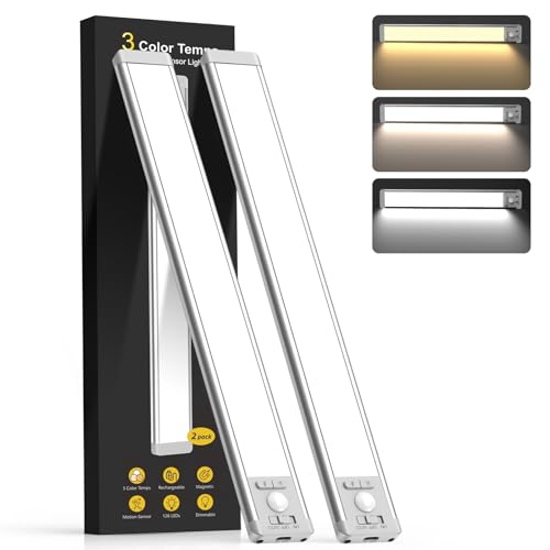 14.7inch Under Cabinet Lighting with 3 Color Temps, 2 Pack Rechargeable Motion Sensor Light Indoor, 5 Levels Dimmable Magnetic Closet Lights, Wireless Under Counter Lights for Kitchen, Stairs - color: 3 Color Light, size: 14.7inch