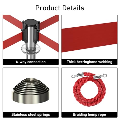 2Pack Stanchions with Retractable Belt and 2Pcs Hemp Rope (Silver) - color: Silver