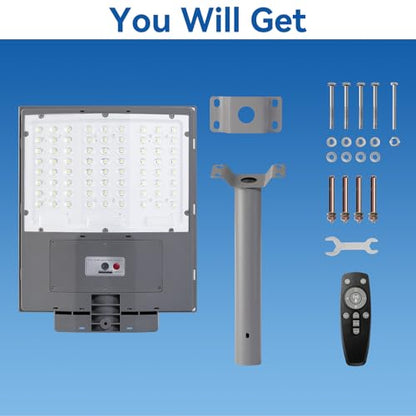 7500W Solar Street Lights Outdoor, 450000LM 7000K Solar Parking Lot Lights Dusk to Dawn 30000mAh IP67 Waterproof Pole Security Flood Lamps with Motion Sensor and Remote for Yard, Garage, Driveway - size: 136A-S