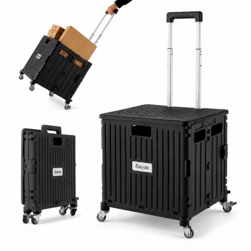Folding Utility Cart Portable Rolling Crate Handcart Shopping Trolley Collapsible Tool Box, with Lid, Basket on 4 Rotating Wheels, for Grocery, Garden, Office, Storage, Teacher, Tool (Black) - color: Black
