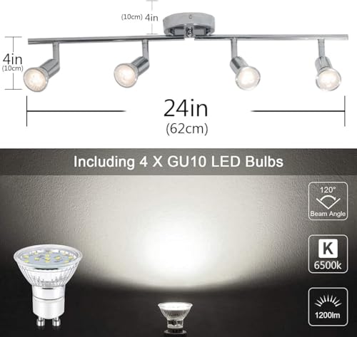Qcyuui Modern 4-Light Track Lighting Kit, Flush Mount Wall/Ceiling Spot Lights Fixture, LED Track Lighting with Chrome Rotatable Light Head for Kitchen Living Room, 4×GU10 Bulb (Included) - color: Chrome