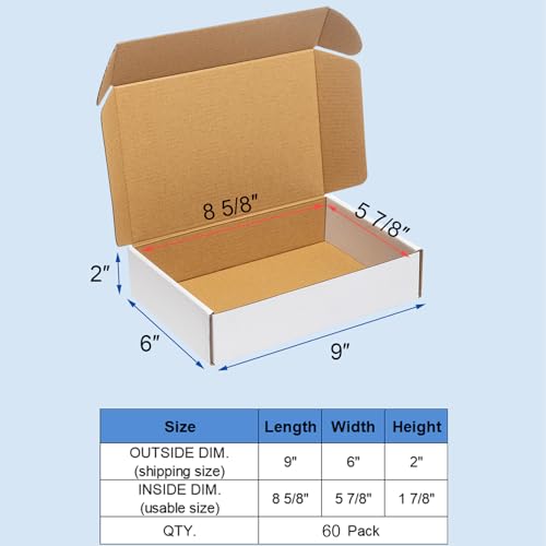 Wowxyz Shipping Boxes 9x6x2" 60 Pack White Corrugated Cardboard Box Mailer - size: 9x6x2"