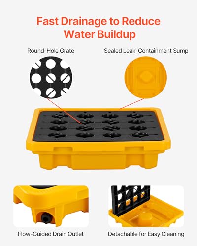 VEVOR Spill Containment Pallet, 1 Drum Low Profile Spill Containment Modular Platform, 11.4 Gallon Sump, 1543 lbs Load Capacity, Heavy-Duty Polyethylene Tray with Drain, 26.4" x 26.6" x 5.9", Yellow
