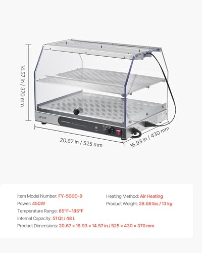 VEVOR 2-Tier Commercial Food Warmer Display, 450W Food Display Warmer with Light, Detachable Shelves and Double-Sided Door Design, 85℉~185℉ Air Heating, 48L for Hamburger, Pizza, Bread, Fried Chicken - size: 2-Tier-51Qt