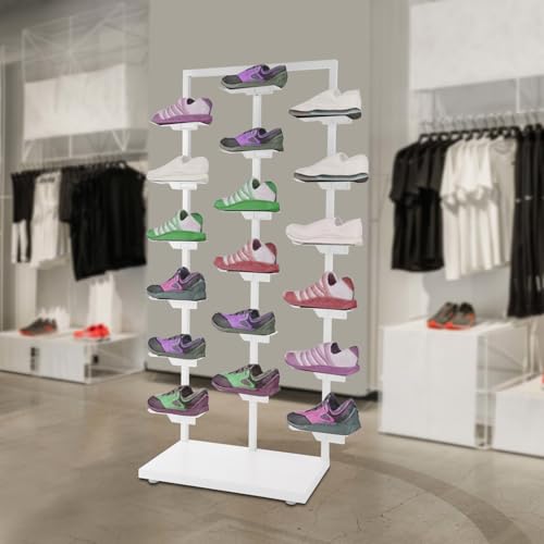Commercial Clothing Store Shoe Rack Retail Store Shoe Display Shelf Free Standing Shoes Shelf Single Sided Shoes Racks 18 Compartments 24.25lbs Load Capacity (31.5 * 59.06in, White) - color: White