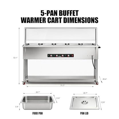 Steam Table, Commercial Food Warmer, 100QT 5-Pan, Dry Heat, Removable Work Table, Shield, 5 Independent Temperature Controls & Even Warming, 110V–120V, Undershelf & Locking Wheels - size: Dry Heat --100QT (110-120V)