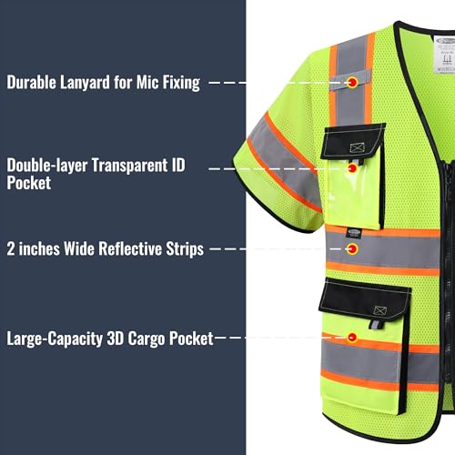 JKSafety Safety Vest for Men Women Hi Vis with Pockets and Cushioned Collar Construction Vest Meet ANSI Standard (BX360) - color: Class 3 Yellow, size: Large