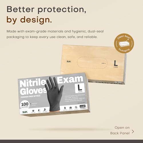 Nitrile+ SUP Exam Plus Gloves, Powder-Free Disposable, Black 100 Count - color: Large (Iron Grey)