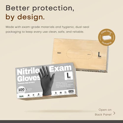 Nitrile+ SUP Exam Plus Gloves, Powder-Free Disposable, Black 100 Count - color: Large (Iron Grey)