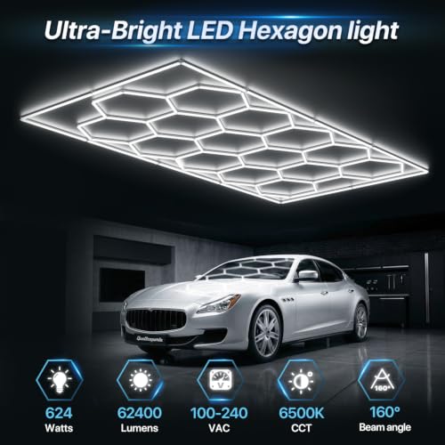 HYPERLITE Gen II Hexagon Garage Lights: 624W 62400LM 15 Grids Hexagon Led Lights, 6500K Ultra Bright Honeycomb Hex Lights, Easy Install, Durable Design for Garage, Car Detailing, Workshops, Gym - size: 15 HEX+Border