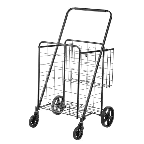 VEVOR Folding Shopping Cart, Jumbo Grocery Utility Cart with Double Baskets, 360° Swivel Wheels, 110 LBS Large Capacity Heavy Duty for Laundry, Shopping, Grocery, Luggage, Black - size: Large