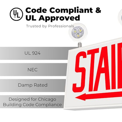 LFI Lights - UL Certified - Hardwired Red LED Chicago Approved Combo Exit Sign - Battery Backup - Emergency Fire Safety - UL924 - CHCO (STAIR Left Arrow) - style: STAIR Left Arrow