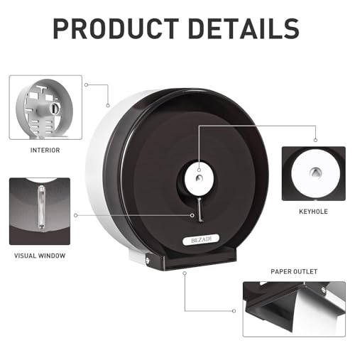 Jumbo Roll Toilet Paper Dispenser Wall Mount Waterproof No-Drill for Restrooms with Lock ABS Black 51018 - color: Black-1