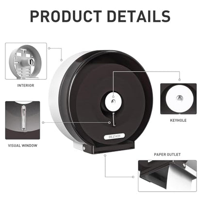 Jumbo Roll Toilet Paper Dispenser Wall Mount Waterproof No-Drill for Restrooms with Lock ABS Black 51018 - color: Black-1
