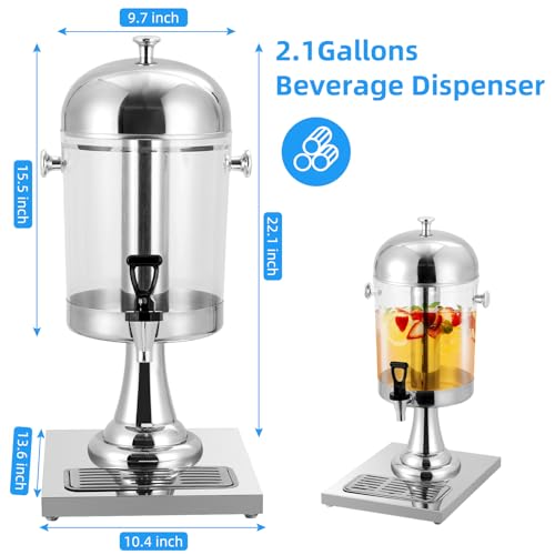 Commercial Beverage Dispenser with Ice Core, 2.2 Gallon Stainless Steel Drink Dispenser with Stand, Spigot and Drip Tray for Parties, Weddings & Catering Events - size: 2.2 Gallon