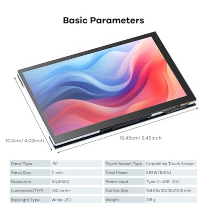 Hosyond 7 Inches Touchscreen IPS LCD Display Panel 1024×600 HDMI Capacitive Touch Screen for Raspberry Pi5/Pi4/Pi3/ZERO 2W, BB Black, Windows - size: 7 inches