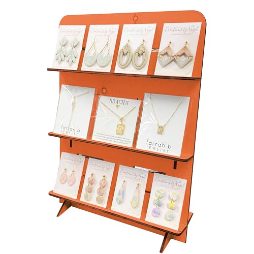 TORCHED DISPLAYS Jewelry Holder Necklace Organizer | Earring Display Stands for Selling | 3-Tiered Wooden Jewelry Holder Stand for Shops, Boutiques, Festivals | Display Rack Wood Stand | Orange - color: Orange