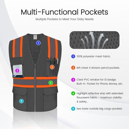 Safety Vest with Pockets, Hi Vis Construction Vest, Grey, S - color: Grey, size: Small