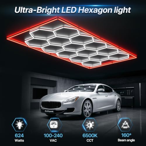 HYPERLITE Gen II Hexagon Garage Lights: 15 Grids with Border DIY Hexagon Led Lights, 6500K Ultra Bright, Easy Install Hex Light, Durable Design for Garage, Car Detailing, Workshops, Gym(Red) - size: 15 HEX+Border(Red)