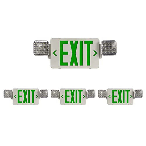 TANLUX Green Exit Sign with Emergency Lights, LED Emergency Exit Light with Battery Backup, UL Listed, AC 120/277V, Commercial Emergency Lights Combo for Business - 4 Pack - color: White Housing+Green Letter, size: 4 Pack