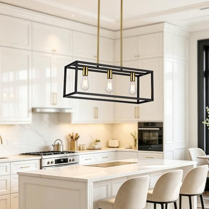 Farmhouse Kitchen Island Lighting, Modern Industrial Chandelier, 3-Light Black&Brushed Brass Linear Rectangular Pendant Light Fixtures for Farmhouse Kitchen Dining Room Bar Foyer - color: Black&Brass, size: 3 Lights