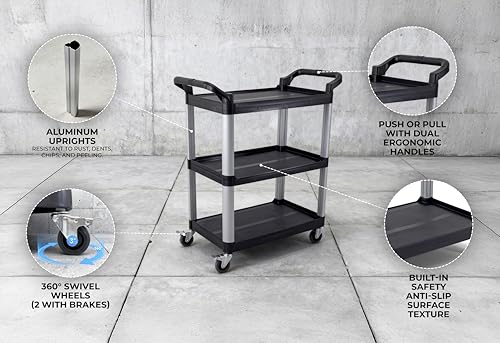 Commercial Heavy-Duty Utility Service Cart | 3 Shelf | | 450 Lbs Max Capacity | Rolling Utility Cart W 33" x H 37" x D 16" Black