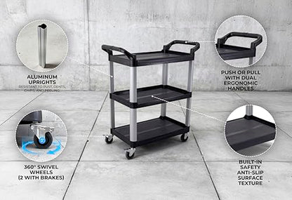 Commercial Heavy-Duty Utility Service Cart | 3 Shelf | | 450 Lbs Max Capacity | Rolling Utility Cart W 33" x H 37" x D 16" Black