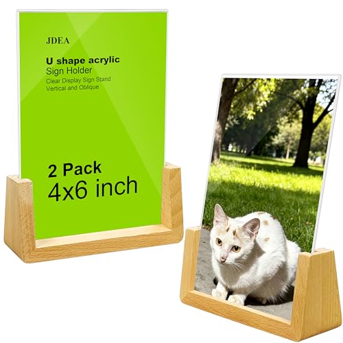 2 Pack 4x6 U-shaped Acrylic Sign Holder with Wood Base Menu Holder Flyer Holder Poster Stand Photo Stand (4*6) - size: 4*6