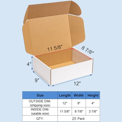 Wowxyz Shipping Boxes 12x9x4" 25 Pack White Corrugated Cardboard Mailer - size: 12x9x4"
