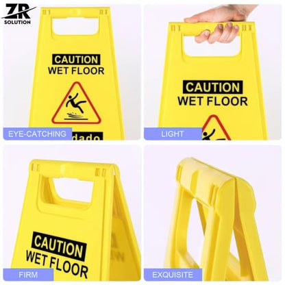 24 Inches Caution Wet Floor Sign Bright Yellow Double Sided Bilingual Caution Message Folding A-Shaped Frame Design Safety Warning Wet Floor Sign Collapsible Commercial Warning Sign Prevent Slip