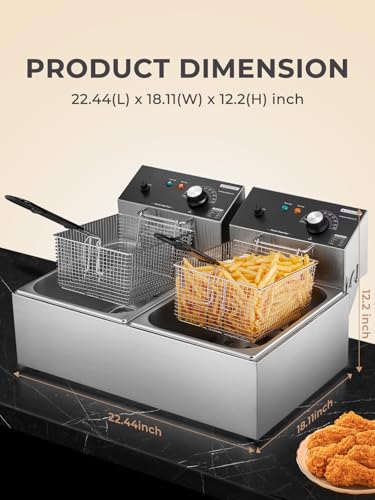 HOUSNAT Commercial Deep Fryer with Basket, 3400W 20.7QT/19.6L Electric Deep Fryer with 2 x 6.35 QT Removable Baskets, Stainless Steel Countertop Fryer for Restaurant or Home Use