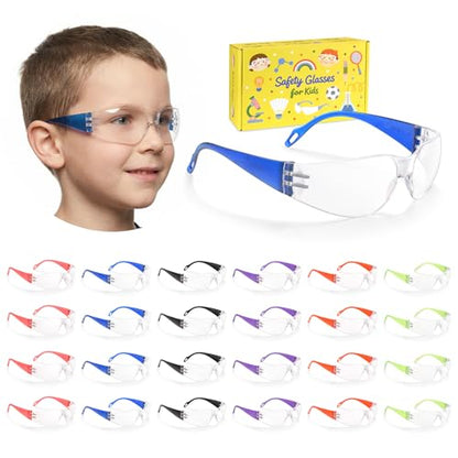 Kids Safety Glasses 24 Pack, ANSI Z87.1 Bulk Clear Lens Child Protective Glasses Scratch and Impact Resistant Youth Safety Goggles with Multicolor Frame for School Science DIY - color: Clear