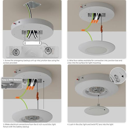 6 Inch LED Emergency Disk Light Kit with Battery Backup, Ceiling Mount Emergency Lights, Dimmable, 120-277V, 15W, 1000lm, CRI90, 5CCT Selectable, ETL & Wet Rated, White, 4 Packs - color: 4 Packs 5CCT White With Battery Backup, size: 6inch
