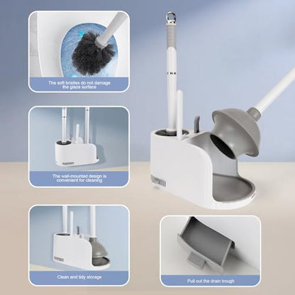 Toilet Brush and Plunger Set 4 in 1 Toilet Brush and Holder with Crevice Cleaning Brush and Clip Deep Cleaning, Wall Mounted Home Bathroom Cleaning Tool Combo （Gray 1）