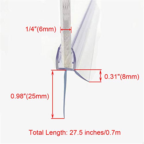 Frameless Shower Door Bottom Seal with Drip Rail 1/4" Thick Glass 27.5" Long Sweep - Glass Door Seal Strip Stop Shower Leaks - size: 1/4"(6mm)