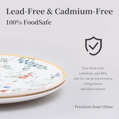Bone China Dinnerware Set for 4, 12 Pcs Floral Plates and Bowls, Gold Rim - color: pestel blossoms