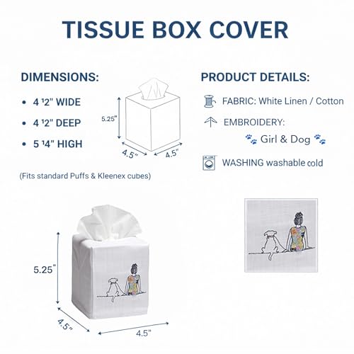 Jacaranda Living Square Tissue Box Cover, Linen/Cotton Fabric Tissue Holder, Decorative Cloth Tissue Cube Cover, Animal Designs Girl and Dog - color: Girl and Dog