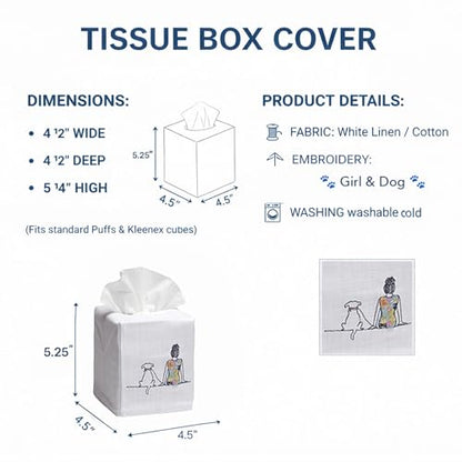 Jacaranda Living Square Tissue Box Cover, Linen/Cotton Fabric Tissue Holder, Decorative Cloth Tissue Cube Cover, Animal Designs Girl and Dog - color: Girl and Dog