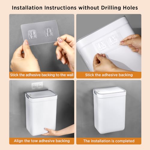 funest 2 Pack Slim Wall Mount Trash Can with Lid, No Drill Hanging Small Garbage Bin for Bathroom Kitchen, Dual Use Floor Standing Narrow Odor Block Press Top Waste Basket for RV Office Bedroom